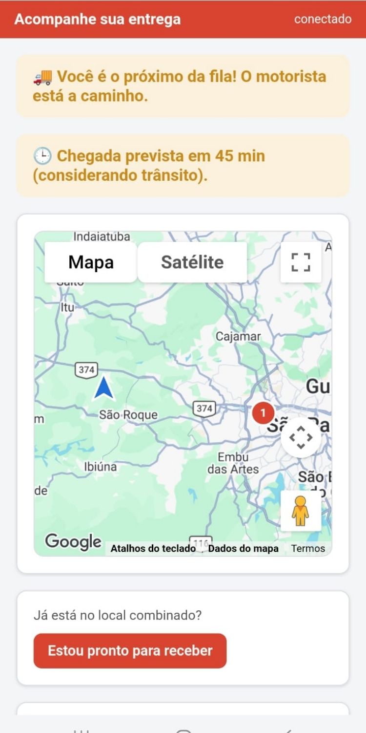 Tela do cliente acompanhando a entrega em tempo real pelo celular, com posição na fila, previsão de chegada e botão Estou pronto para receber