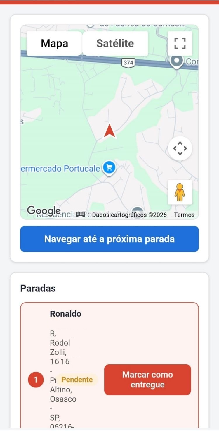 App do motorista do RotaCerta com navegação até a próxima parada e lista de paradas com botão marcar como entregue