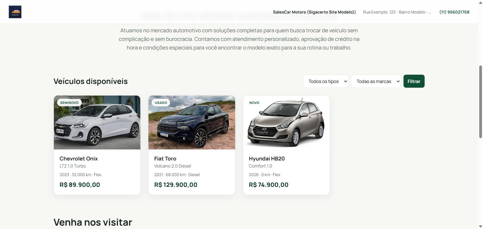 Catálogo público do SalesCar com veículos disponíveis, filtro por tipo e marca, preço e etiqueta de novo, seminovo ou usado