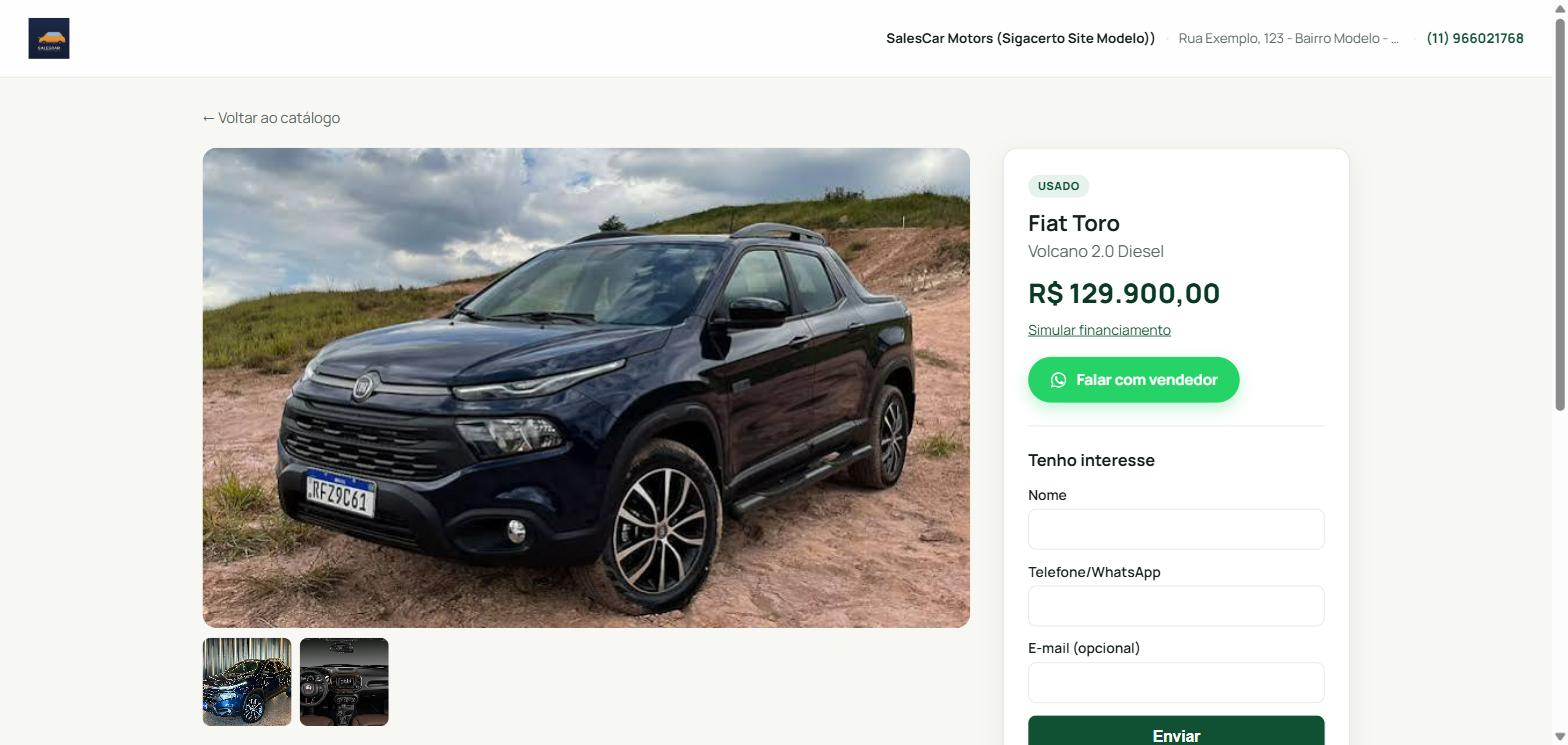 Ficha de veículo do SalesCar com galeria de fotos, preço, botão Falar com vendedor no WhatsApp e formulário Tenho interesse
