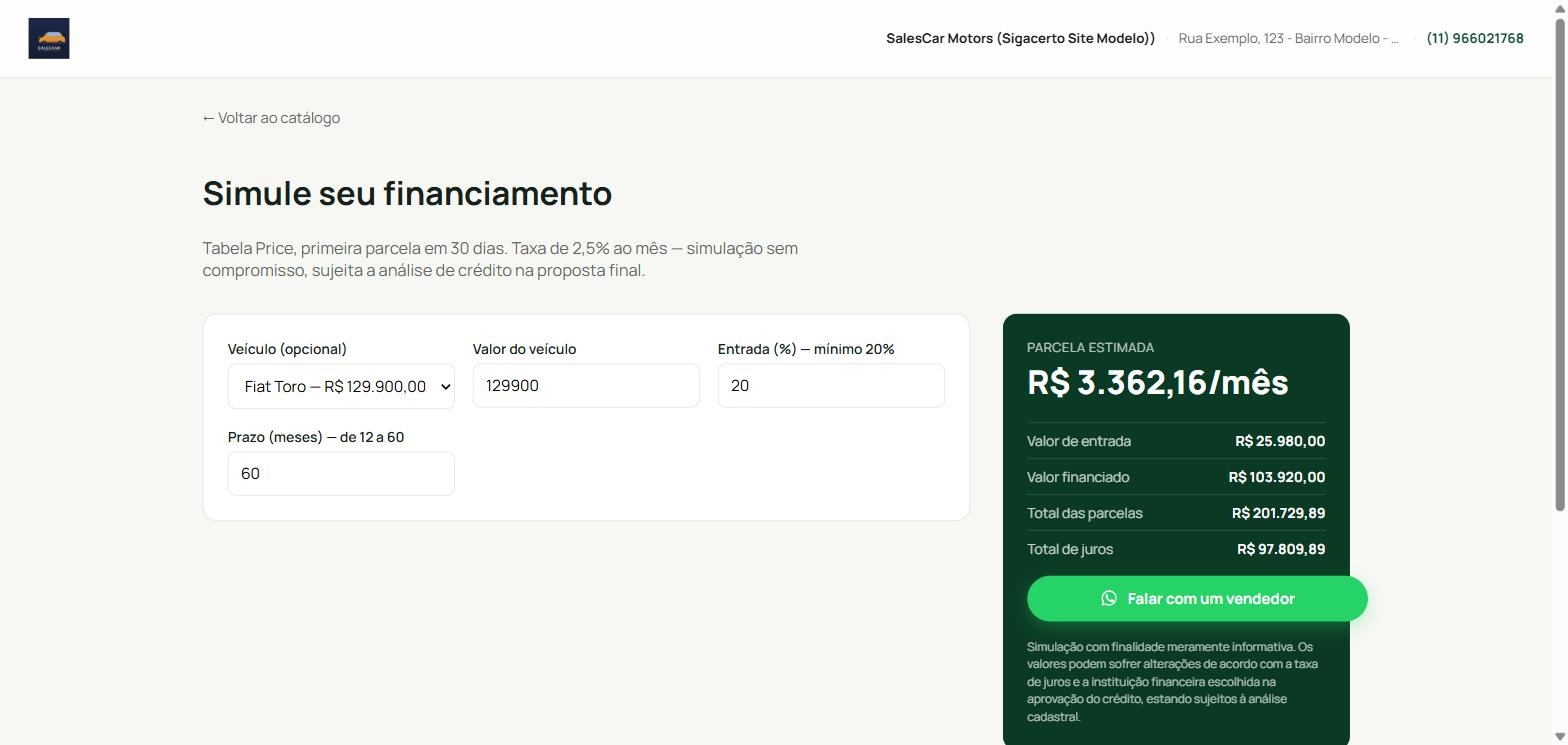 Simulador de financiamento do SalesCar com valor do veículo, entrada, prazo e parcela estimada calculada pela Tabela Price
